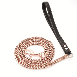 Aiyidi Rose Gold Chain Leash for Dogs, Stainless Steel 11mm /15mm Metal Curb Cuban Link Leash for Dog Walking Training, 3FT 4FT 5FT with Genuine Leather Handle, for Small Medium Large Dogs(11MM, 5FT)