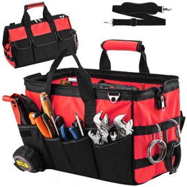 Tool Bag, 16 Inch Foldable Open Top Tool Bag Organizer for Easy Tool Access, Water-Resistant Construction, Electrician Tool Bag with Handle & Padded Adjustable Strap, Red