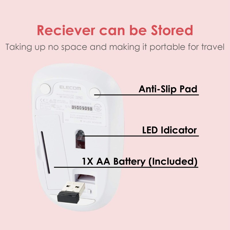 Elecom M-IR07DRSPN Wireless Mouse (Receiver Included), Medium, 3 Buttons, Quiet,