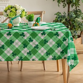 Joyfol Day St. Patrick's Day Tablecloth, Irish Buffalo Plaid Clover Table Cover, Green Shamrock Checkered Table Cloth, Washable Spring Rectangle Tablecloths for Party Picnic Decor, 78 x 54 Inch