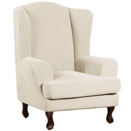 Turquoize Wingback Chair Covers 2 Piece Wing Chair Slipcover Stretch Slipcovers for Wingback Chairs Wing Chair Cover Spandex Jacquard Fabric with Elastic Bottom Non-Slip Furniture Cover,Biscotti Beige
