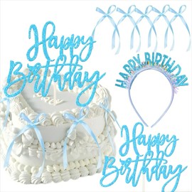 Tyotrbs Blue Bow Cupcake Toppers with Birthday Girl Headband,Blue Bow Baby Decorations Baby Shower Pink And Blu Bows Bowknot Ribbons Coquett Bridal Dessert Baby Girl Wedding Party Supplies