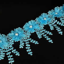 1 Yard Flower White Pearl Beads Edge Trim Ribbon Floral Appliques Embroidered Lace Fabric Sewing Lace for Wedding Bridal Dress Clothes Costume Hat Decoration (Blue, 1 Yard)