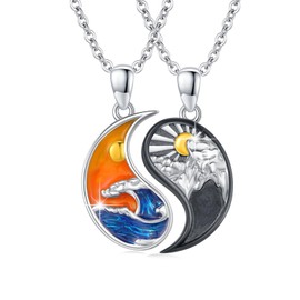 JFASHOP Yin Yang Necklace 925 Sterling Silver Taichi Pair BFF Chain Mountain Sun Pendant Necklace 2 Pieces Yin Yang Chain Jewellery Gifts for Women Men Couple (Necklace), Sterling Silver, No
