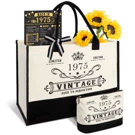50th Birthday Gifts for Women Canvas Tote Bag Travel Gear, Unique 50 Years Old Gifts for Wife Sister Mum Aunt Friends Her, Vintage 1975 Handbag & Cosmetic Bag & Back in 1975 Poster