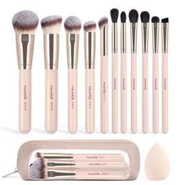 MAANGE Set de Brochas para Maquillaje de 11 Piezas, Brochas de Maquillaje Profesionales, Incluye 1 Esponja y 1 Estuche de Maquillaje, Para Base, Polvo, Contorno, Ojos y Labios (Beige)