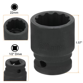 sourcing map 12-Point Impact Socket 1/2 Inch Drive 22mm Metric Cr-V Shallow Impact Socket Nut Driver Wrench for Auto Repair