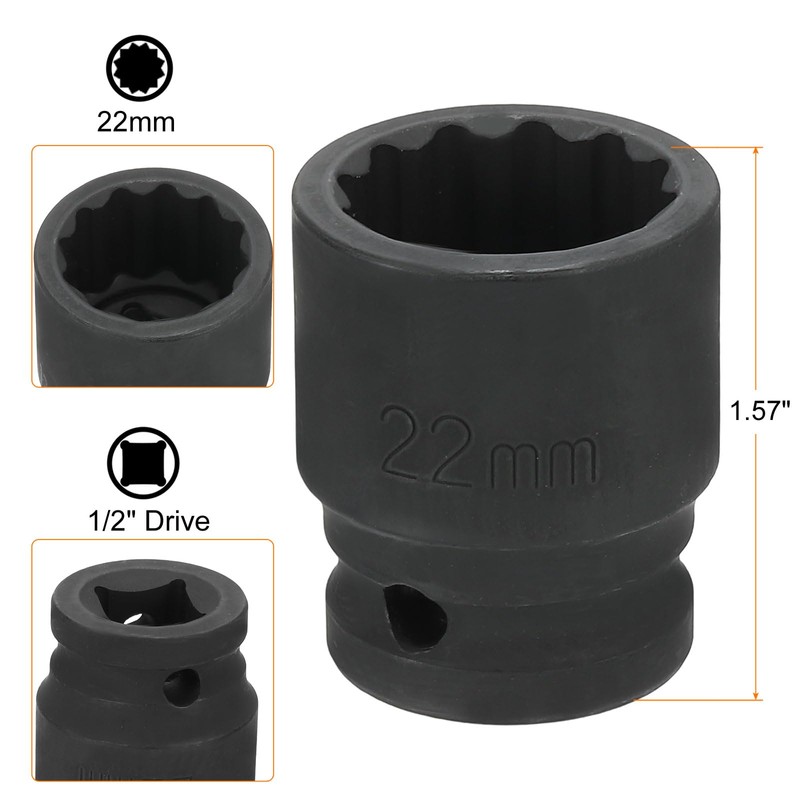 sourcing map 12-Point Impact Socket 1/2 Inch Drive 22mm Metric