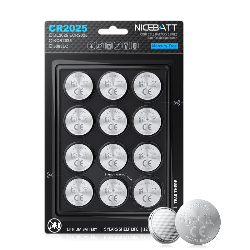 NICEBATT Cr2025 3V Lithium Battery 12 Pack, High Capacity 2025