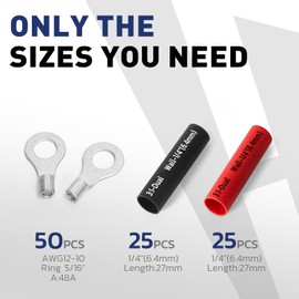 haisstronica Non Insulated Wire Connectors Kit，50pcs 5/16” Ring Terminals (AWG12-10) with 50pcs 3:1 Heat Shrink Tubing for Automotive Marine，Brazed Seam Wire Crimp terminals