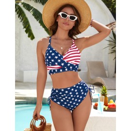 Blooming Jelly Womens High Waisted Bikini Sets American Flag Bathing Suit Crisscross Two Piece Swimsuit (Small, Blue)