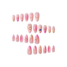 24Pcs Ocean Shell Press on Nails Medium Almond Handmade Fake Nails Pink Ombre False Nails with 3D Flower Rhinestones Designs Full Cover Summer Acrylic Nude Crystal Nails for Women DIY Manicure