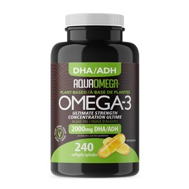 AquaOmega Ultimate Strength Plant-based Omega 3 High DHA Supplement, Omega 3 Supplements with EPA from Omega 3 Algae Oil, 2480mg of Vegan Omega 3, 240 Softgels