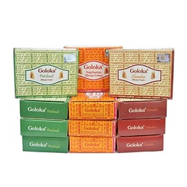 NALE. Assorted Goloka Cones (12 Boxes Total) 4 Patchouli, 4 Chandan and 4 Nag Champa