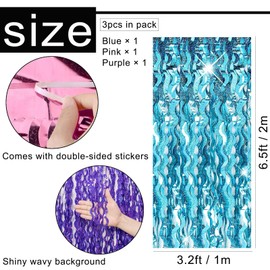 3pcs 3.2ft x 6.5ft Tinsel Curtain Decorations,Pink Purple Blue Rainbow Wavy Tinsel Foil Fringe Curtains Streamers Backdrop for Girls Lady Birthday Baby Shower Mermaid Unicorn Theme Party Supplies