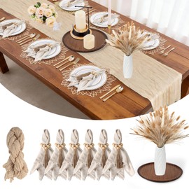 85 Pcs Boho Table Runner Set, Cheesecloth Table Runner, Round Wooden Candle Plate, 6 Cloth Napkins, 6 Wooden Bead Napkin Rings, 70 PCS Dried Pampas Grass Decor and White Vase for Kitchen Table Decor
