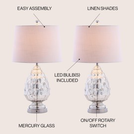 JONATHAN Y JYL1076A-SET2 25.5" Traditional Artichoke Mercury Glass Table Lamp Set of 2 for Living Room Bedroom, Transitional Bedside Nightstand Lamps with White Linen Drum Shade, Silver
