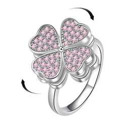 Pink Cz Four Leaf Clover Wedding Rings for Women Unique Rotating Spinner Shamrock Adjustable Stress Relief Fidget Ring Wedding Band Finger Sterling Silver Plated St Patricks Day Birthday Jewelry Gifts