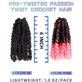 hahoness 6 Inches 9 Packs Passion Twist Crochet Hair-Mixed Color Combo Pack(7 packs 1B+2 packs T1B/Pink),Pre-twisted Pre Looped Synthetic Hair Extensions For Black Women and Kids(6/-9 Packs,1B+TPink)