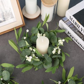 6 Pcs Green Artificial Eucalyptus Candle Rings Wreaths Mini Green Kitchen Cabinet Wreath Table Centerpieces Spring Summer with White Berry for Pillars Farmhouse Porch Front Door Wedding Decor