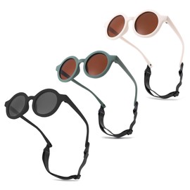 LIU·WEN Cute Round Baby Sunglasses Polarized 3 Pack - Flexible Frame with Strap for Toddler Newborn Infant 0-24 Months(White/Brown+Green/Brown+Black/Grey)