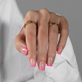 KQueenest Hot Pink French Tip Press On Nails Short Square, 30 Pcs Acrylic Press On Nails With Glue, Natural Nude Short Fake Nails Press ons, Reusable Glossy Soft Gel Glue on Nails for Women Summer