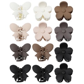 Butterfly Hair Clips - Flower and Matte Claw Clips for Women and Girls (12pcs, White/Brown/Black)