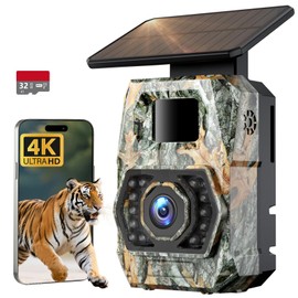 Solar Trail Camera 60MP 4K, WiFi Bluetooth, Game Camera with Night Vision Motion Activated 0.1s Trigger with 32GB Micro SD Card, IP66 Waterproof Wildlife Camera with 850nm Low Glow Infrared
