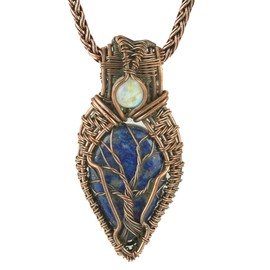 Copperie Tree of Life Natural Lapis Lazuli & Rainbow Moonstone Gemstone Pendant Copper Wire Wrapped Jewelry Necklace 20"