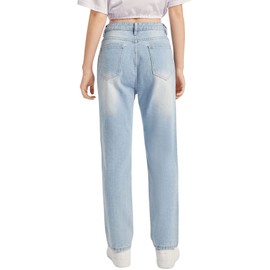 SweatyRocks Teen Girl's High Waisted Straight Leg Ripped Jeans Washed Denim Pants with Pockets Light Wash 8-9Y