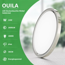 OUILA OUILA Unterputz LED Deckenleuchte Flach Rund - ?30CM Deckenlampe Gebrstetes Nickel 24W 4000K 2600LM IP44 Wasserdichte Badezimmer lampe, Kchenlampe Neutralwei? fr Kche Bad Schlafzimmer Flur Keller