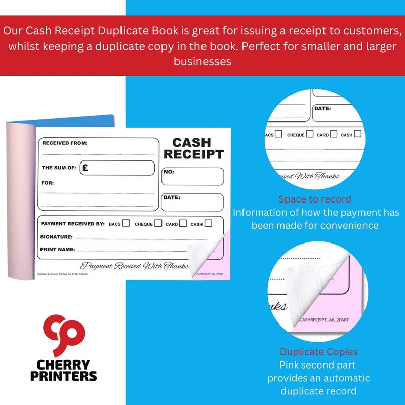 Cherry Carbonless NCR Cash Receipt Book Duplicate A6 50 Sets