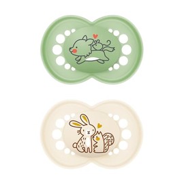 MAM Original Dummies, from 16 Months, Pack of 2, Delivered in Sterilisation Box, Sustainable Materials, Baby Accessories, Cream (Various Designs)