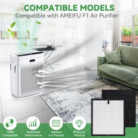 F1 Air Replacement Fi-lter Compatible with Ameifu F1 Air Purifi-er,3-IN-1 H13 True Hepa Double-Sided Filt-er Replacement, 2 Pack