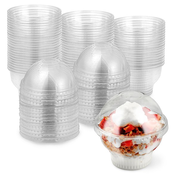 Clear Plastic Dessert Cups with Lids 8 oz (Set of 50) Small Disposable Parfait Cup, Dome Lid - No Hole, 8-Ounce Party Fruit Containers, Banana Pudding Bowl, Jello, Ice Cream, Desserts Container