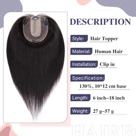Hairro Black Hair Toppers Clip in Human Hair Topper for Women 10x12cm Large Silk Base 100% Real Remy Human Hair Realistic Hairpiece Cover Grey White Thinning Hair 14 inch Natural Black