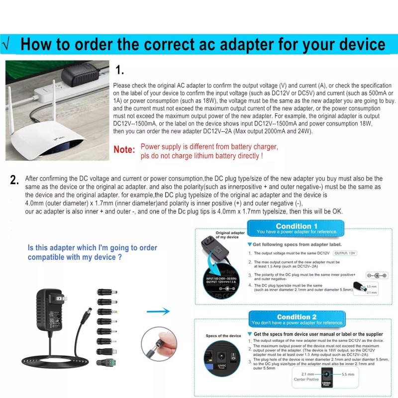 GuanTing 15V 1A AC Power Adapter with 8 DC Plug