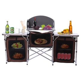 DOONARCES Folding Camping Table Portable Camping Kitchen Storage Cupboard Outdoor Picnic Cooking Cabinet with 2 Grill Side Table for Backyard BBQ Party Picnic 69 * 18 * 43in, Brown