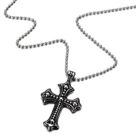 COOLSTEELANDBEYOND Gothic Vintage Cross Pendant Necklace Stainless Steel Unisex Silver Black Two-tone 23.6 in Ball Chain(CA)