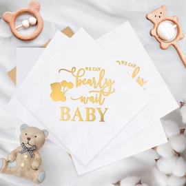 Servilletas de ducha con texto «We Can Bearly Wait», decoración de baby shower para niño, servilletas de regalo de oso, servilleta desechable, papel para niños o niñas, suministros de fiesta (oro blanco)