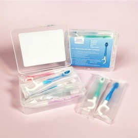 JOUGE Mini Disposable Toothbrushes with Toothpaste 5 in 1 Travel Portable Toothbrush with Toothpaste + Tongue Scraper + Picks+Floss Travel Case (Peach, 24)