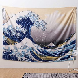 IcosaMro Wave Tapestry Wall Hanging - Hokusai Wall Art with Hemmed Edges, Ocean Sea Wall Blanket Home Decor for Bedroom College Dorm, (The Great Wave Off Kanagawa, 60x82.7), Orange