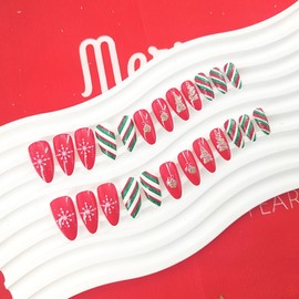 Christmas Press on Nails Almond Fake Nails Medium with Snowflake Red Green Glitter Lines Design Glue on Nails Xmas Red Full Cover False Nails Glossy Christmas Stick on Nails for Women 24Pcs