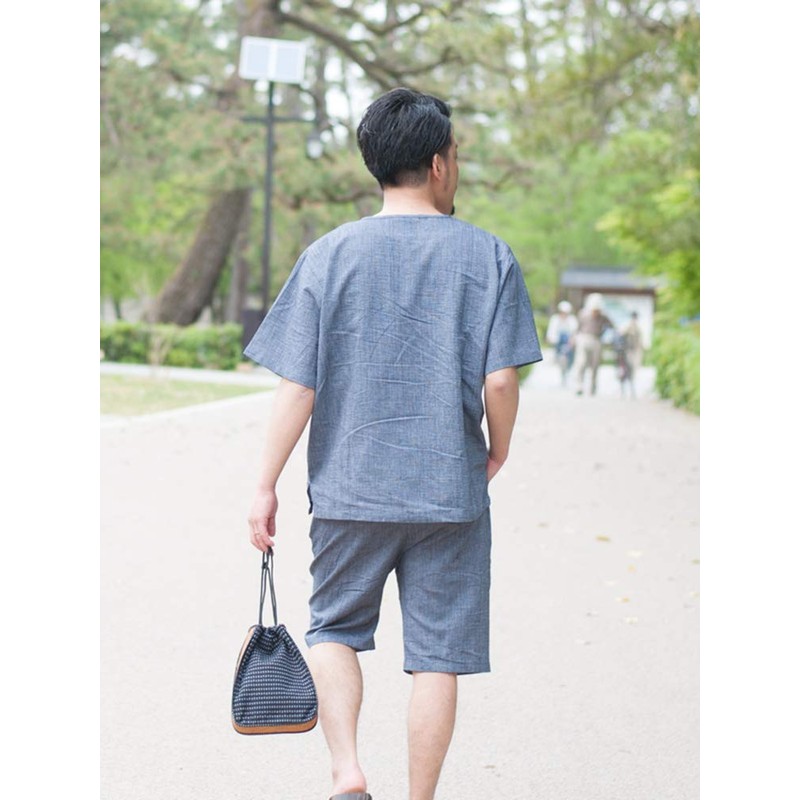 Men’s Jinbei Shirt and Shorts Set, Summer, Henley Neckline, Cotton-Linen,