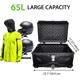 VOKKA Motorcycle Top Case, 65L Aluminum Motorcycle Trunk, Waterproof, Dustproof and Anti-Theft, Easy Installation with Universal Baseplate, with Comfortable Backrest for Travel Riding, Black