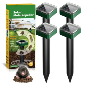 4 Packs Solar Mole Repellent, 2026 Upgraded Ultrasonic Gopher Deterrent Stakes, IP65 Waterproof Sonic Vole Groundhog Snake Control for Lawn Garden Yard Farm