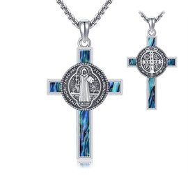 AXOMY St Benedict Necklace 925 Sterling Silver Cross Saint Benedict Medal Abalone Shell Pendant Necklace Christian Religious Sacramental Talisman Catholic Jewelry for Women Men