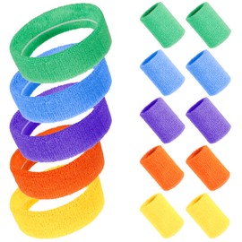 Yamitora 15 Piece Sweatband Set 80s Sweatband, Neon 80s Headband Outfit 5 Colours Sweatband Wrist Headband for Women Men Basketball Tennis Gym