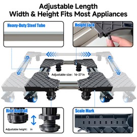 oiikain Adjustable Mini Fridge Stand with Dual Tubes, 8 Heavy-Duty Legs & 4 Locking Swivel Wheels - 16-27 Inch Universal Base for Refrigerators, Washing Machines & Dryers