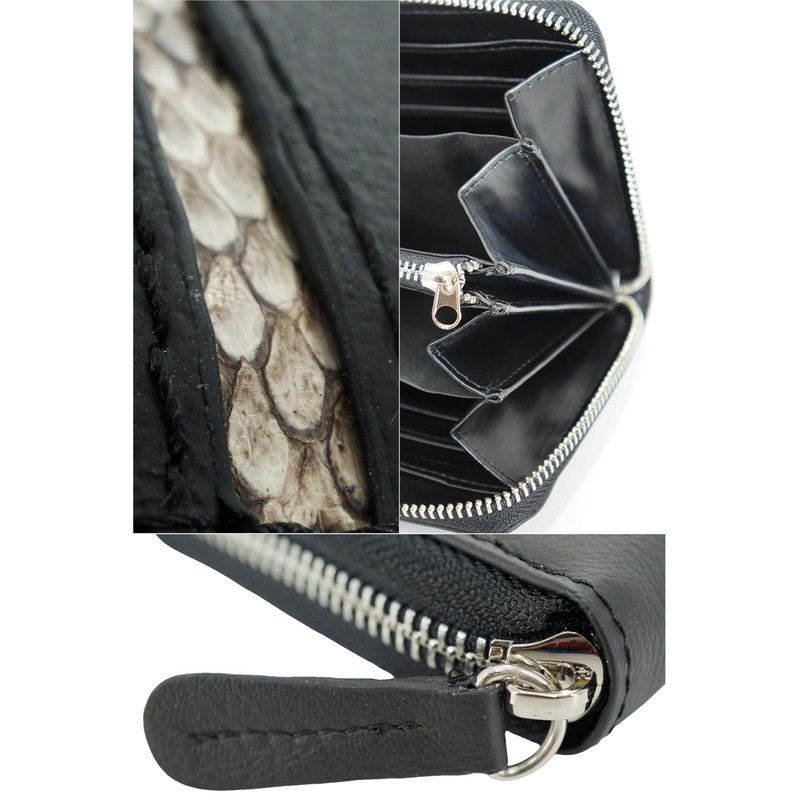 Bliss Leather, Genuine Python, Long Wallet, Snakeskin Cowhide Leather, Round